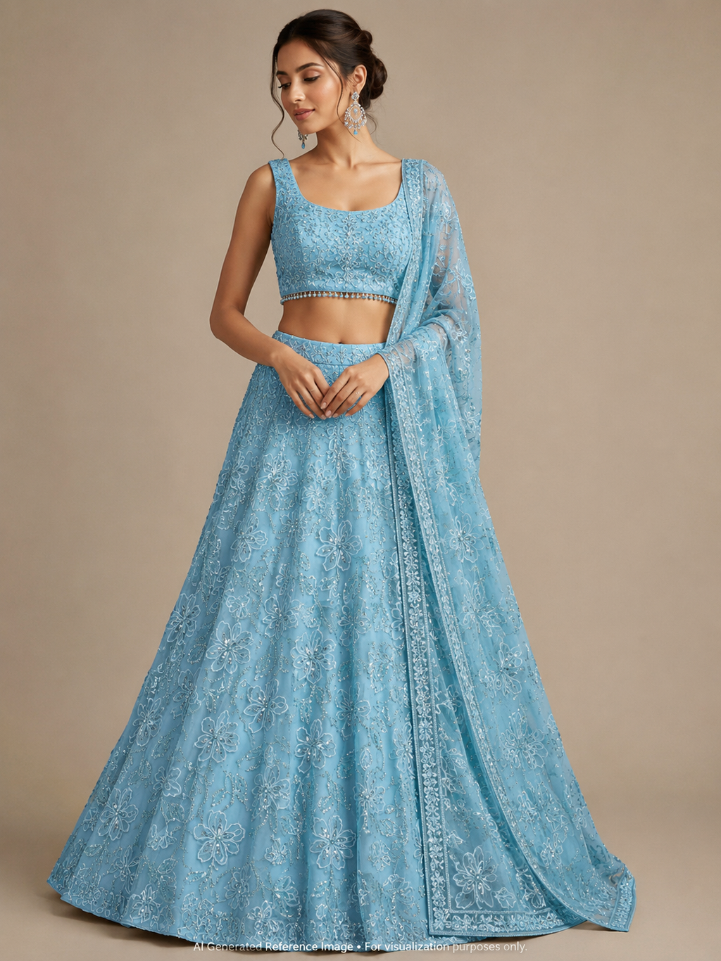 Sky Blue Floral Sequin Patchwork Glass Organza Fabric | 2503454