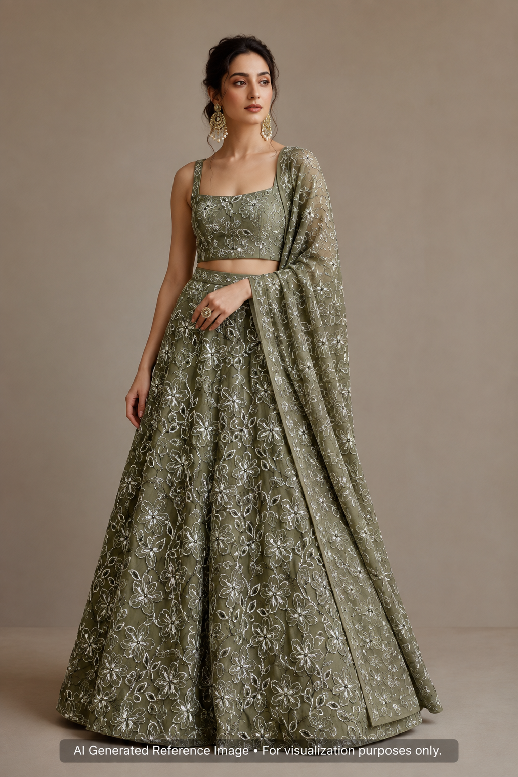 Olive Green Floral Patchwork Glass Organza Fabric | 2503452