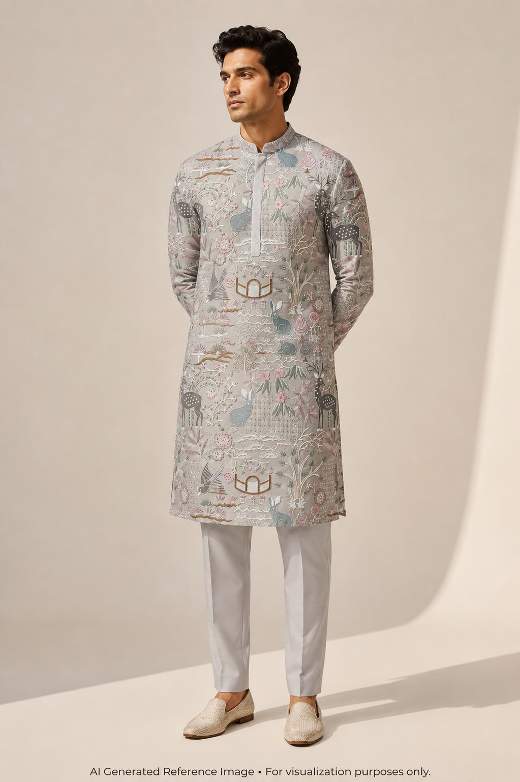Pastel Deer & Garden Silk Embroidered Fabric | 2504920