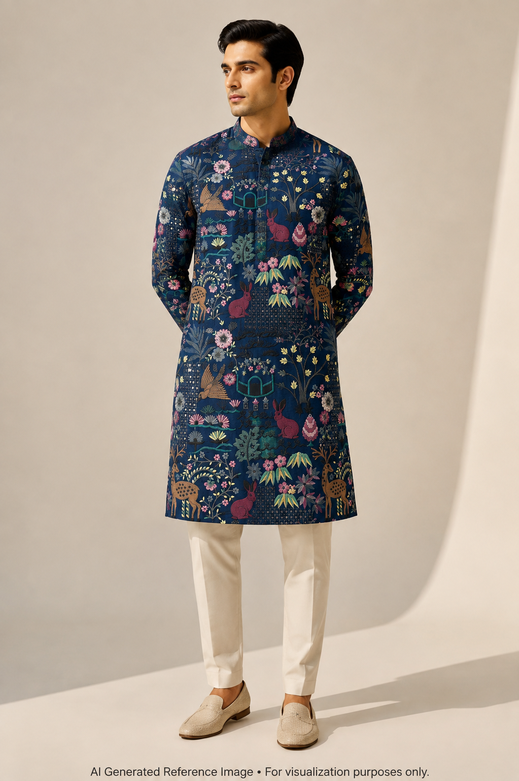 Royal Garden & Deer Embroidered Silk Fabric | 2504675