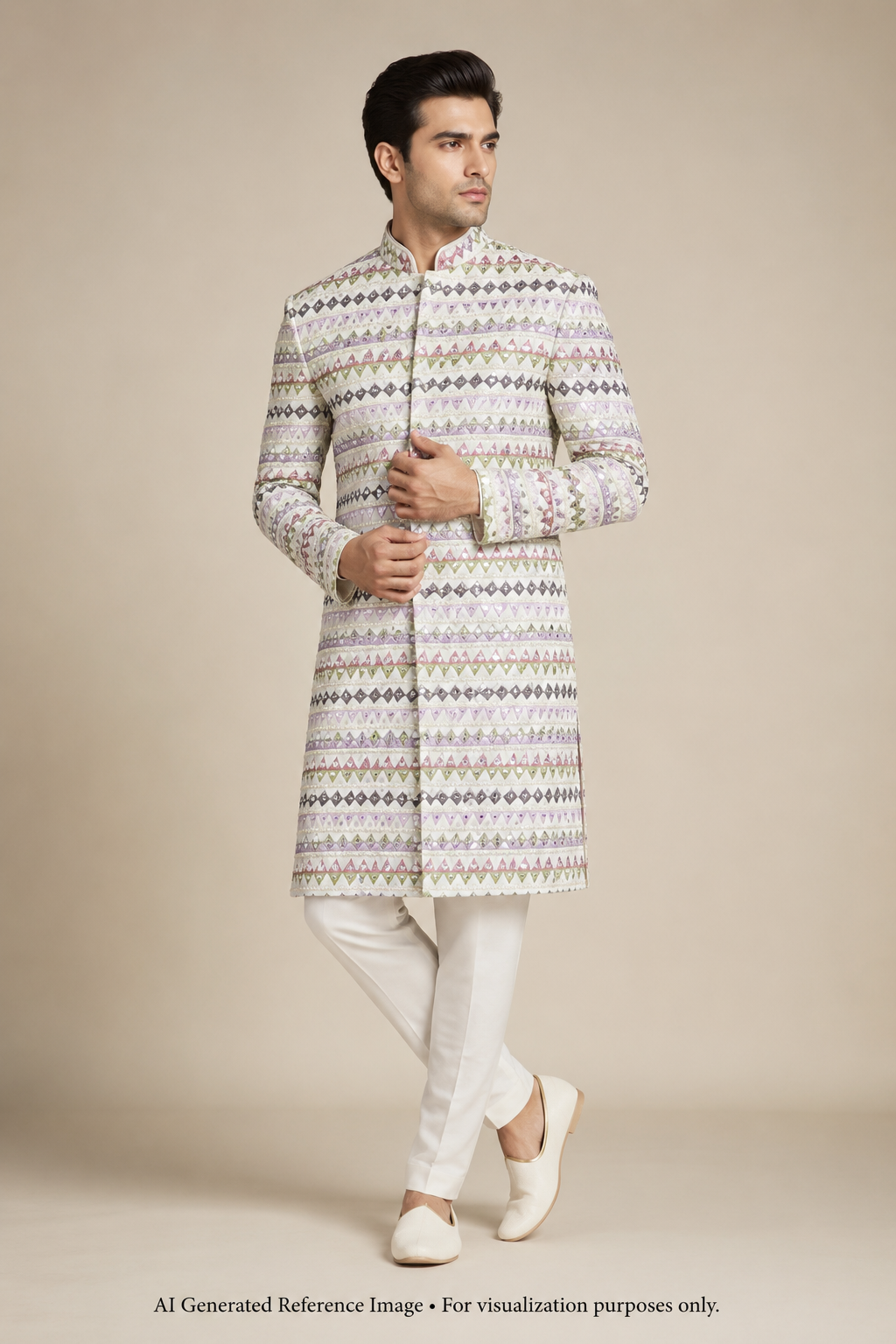 Pastel Geometric Sequin Embroidered Silk Fabric | 2504681