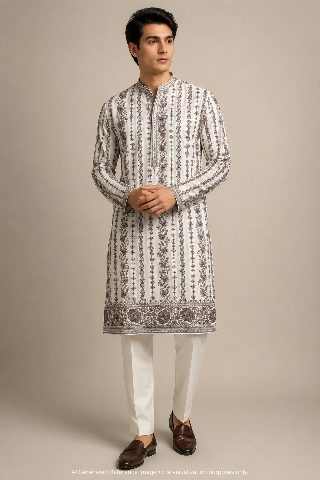Ivory Floral Striped Silk Fabric with Designer Border | 2504710