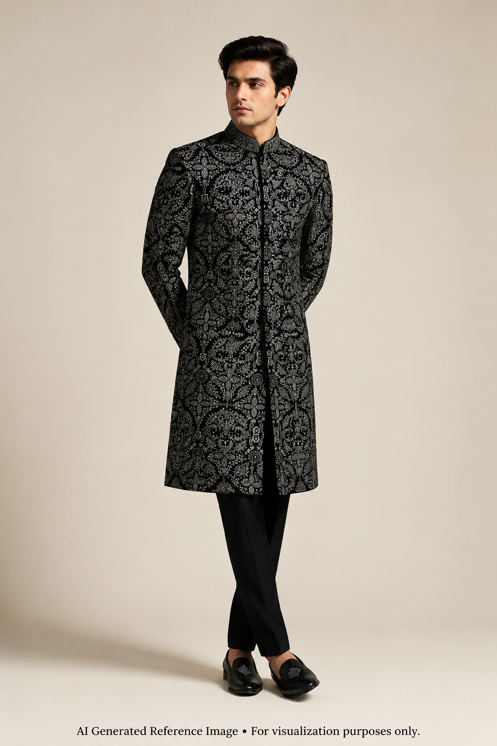 Black Zari & Sequin Embroidered Fabric with Paisley Motifs | 2506264