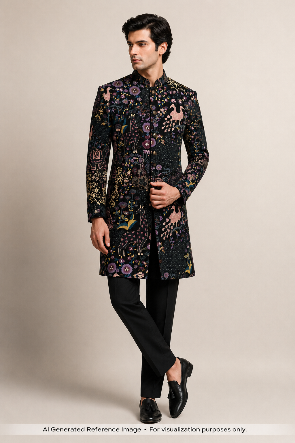 Black Designer Fabric with Multicolor Floral & Animal Embroidery | 2502617