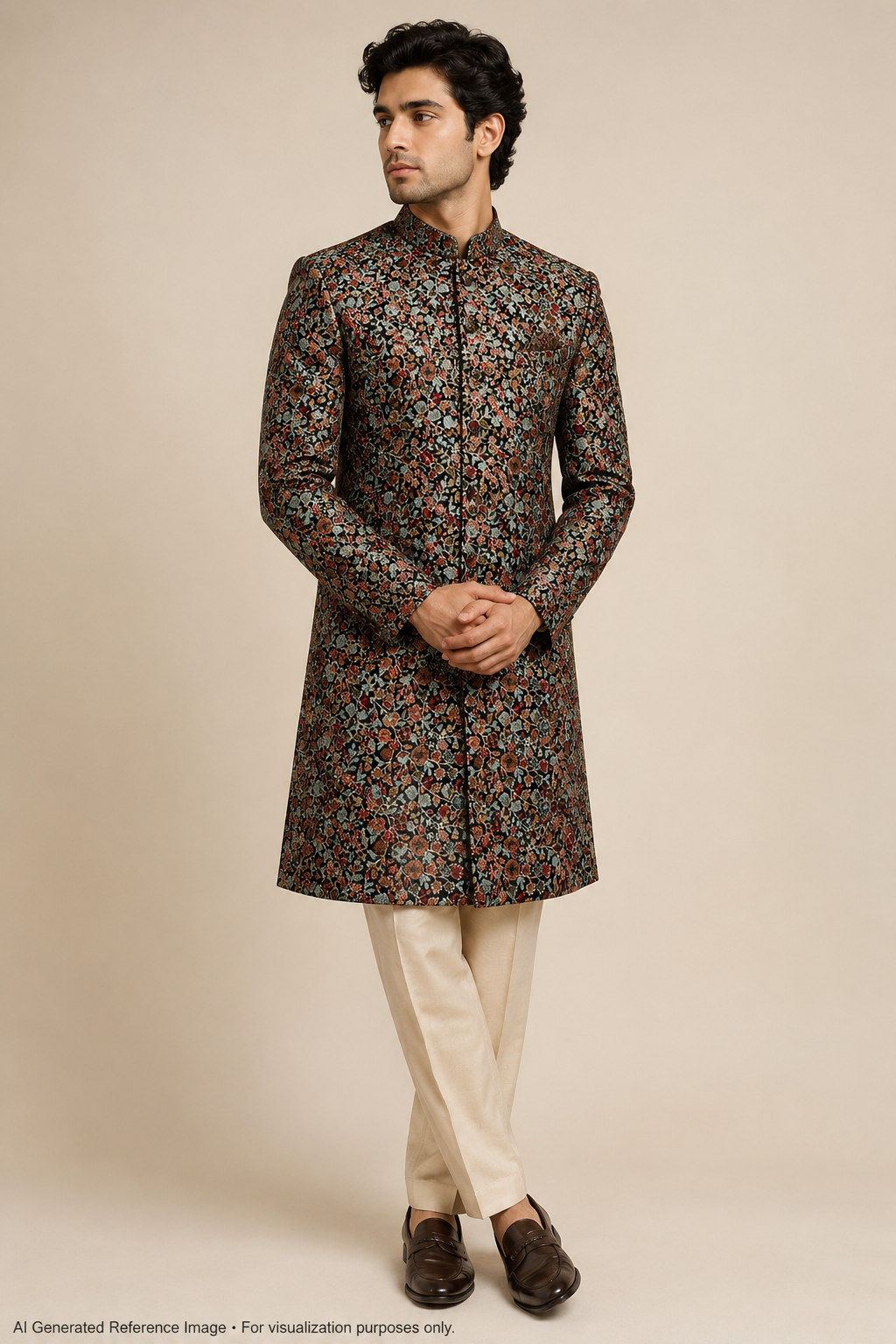 Navy Blue Silk with Multicolor Floral Thread Embroidery | 2502580