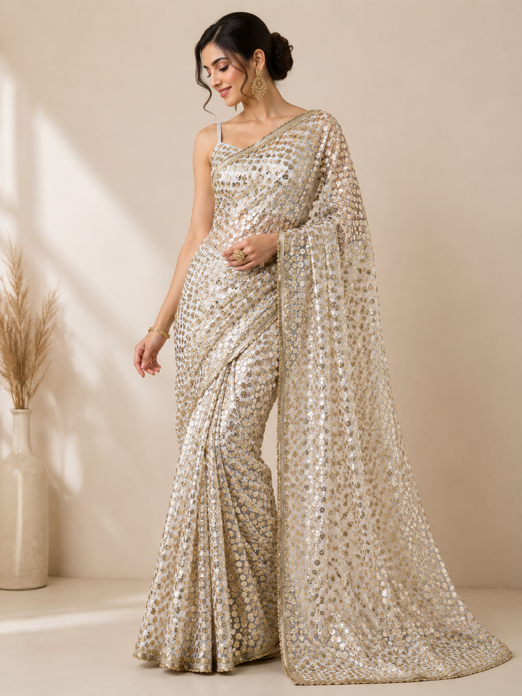 Gold Sequin Cutwork Jaal Net Fabric | 2506689