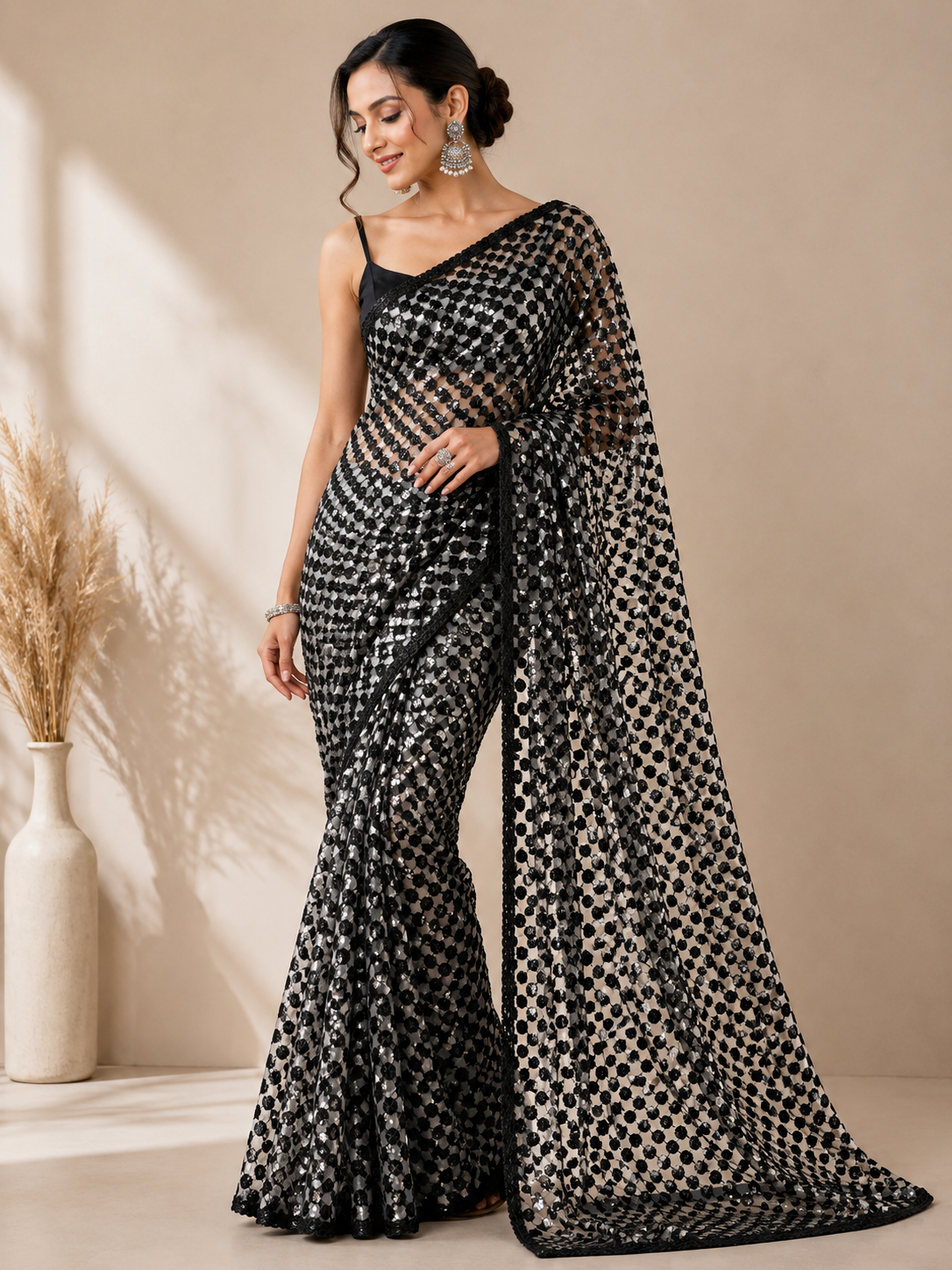 Midnight Black Sequin Cutwork Jaal Net Fabric | 2506689