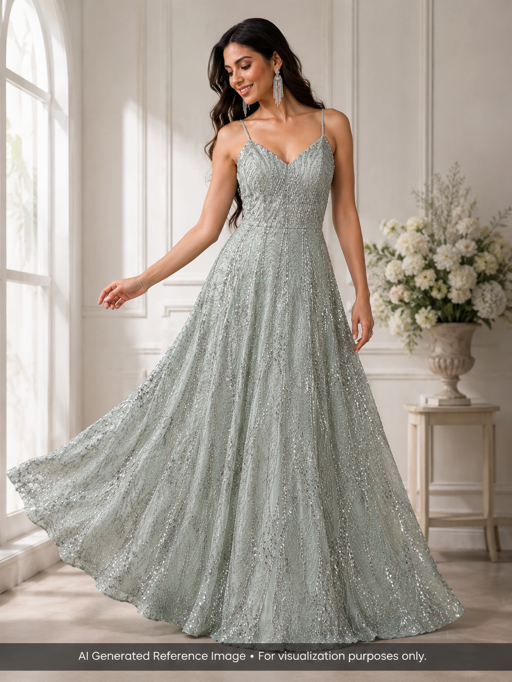 Mint Silver Sequin & Beaded Embroidered Net Fabric | 2506657
