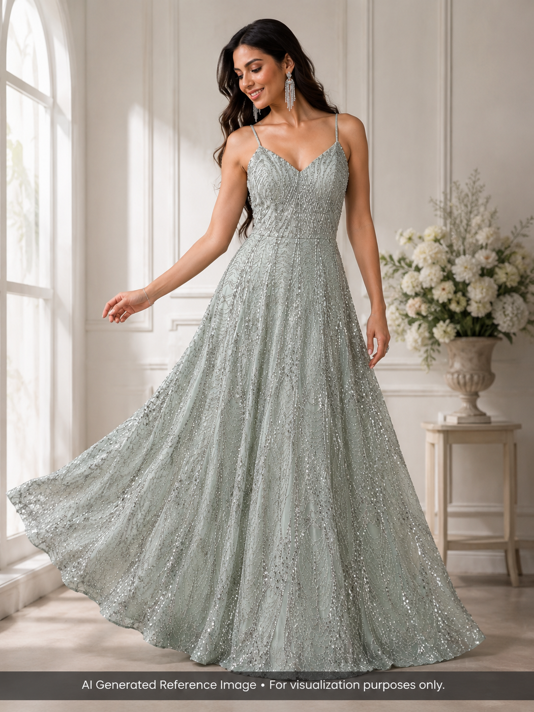 Mint Silver Sequin & Beaded Embroidered Net Fabric | 2506657