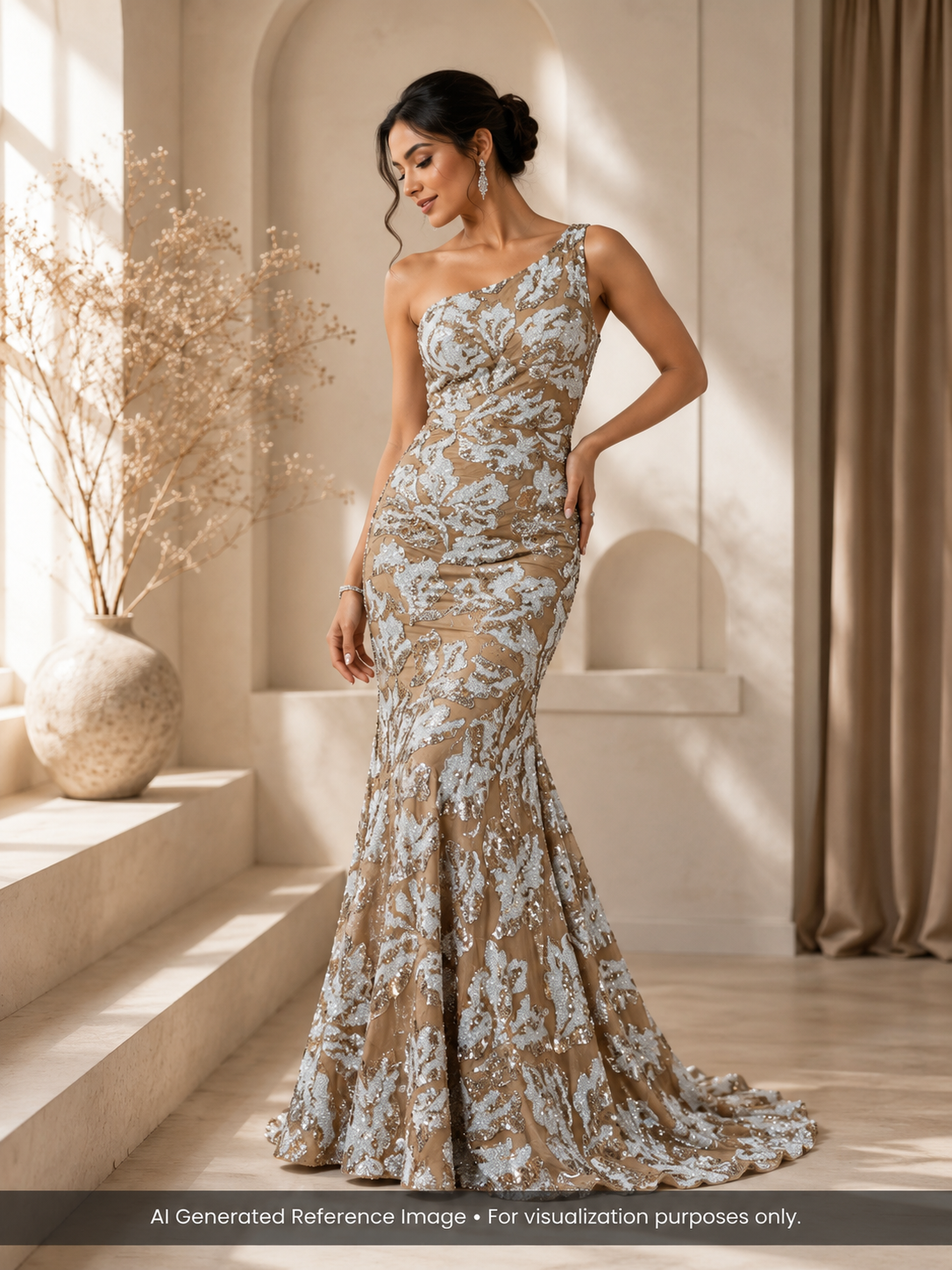Gold Floral Beaded Sequin Net Fabric | 2506694