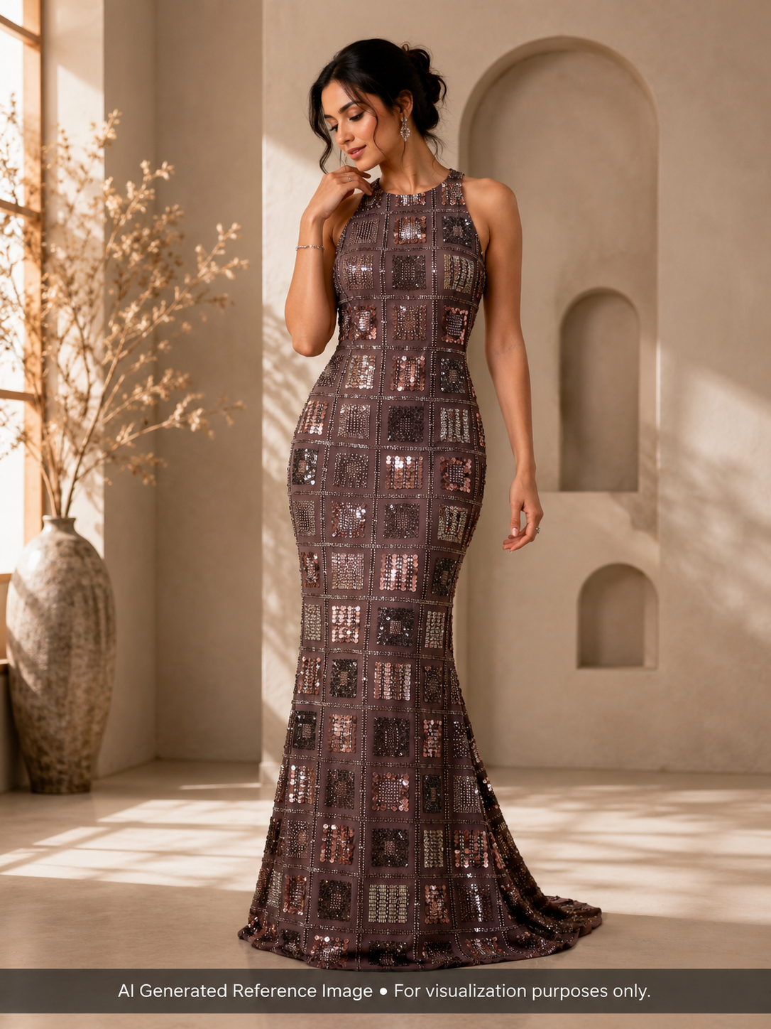 Mocha Rose Gold Geometric Sequin & Beaded Net Fabric | 2504883