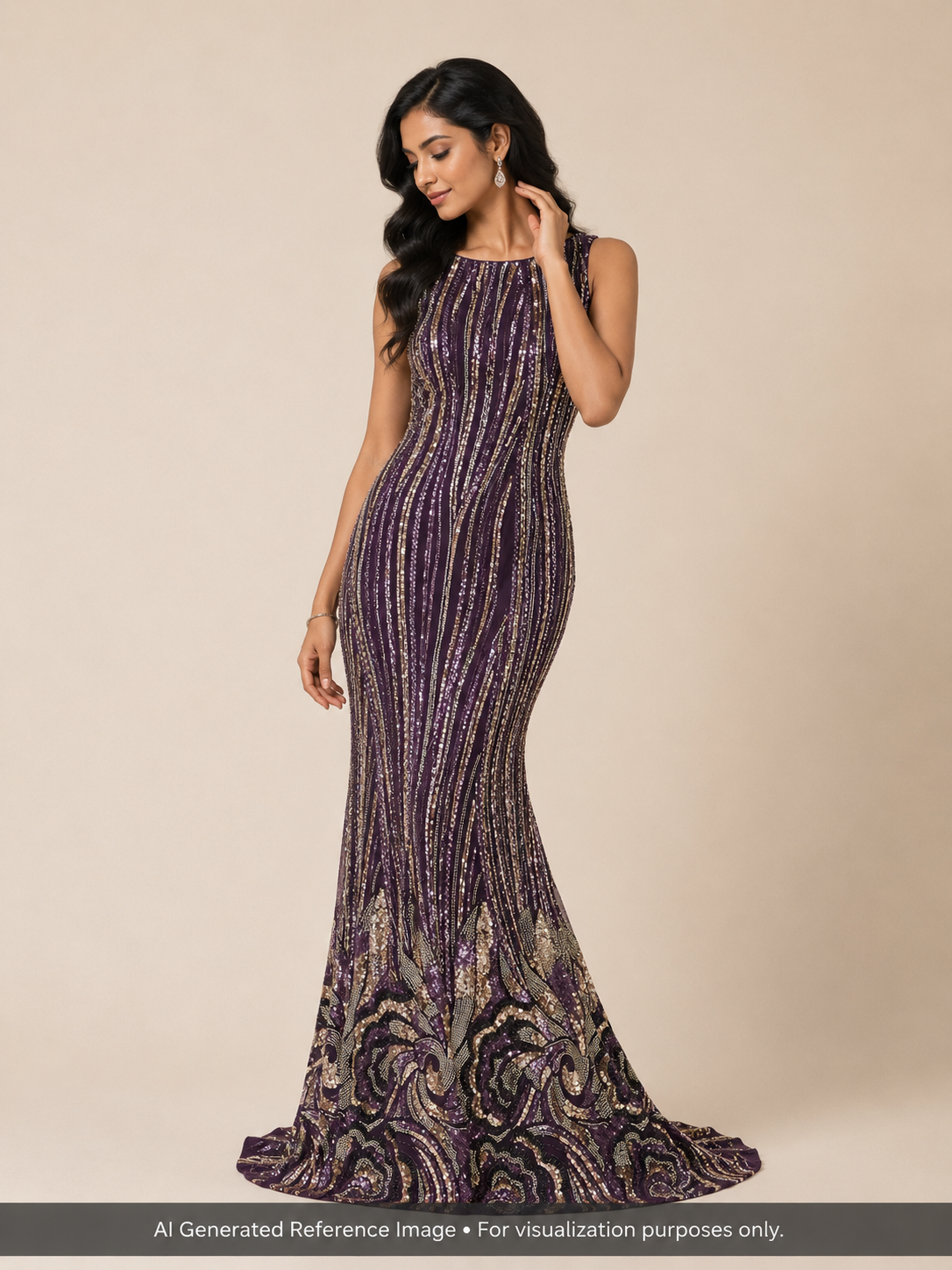 Royal Purple Paisley Sequin & Beaded Embroidered Net Fabric | 2504521