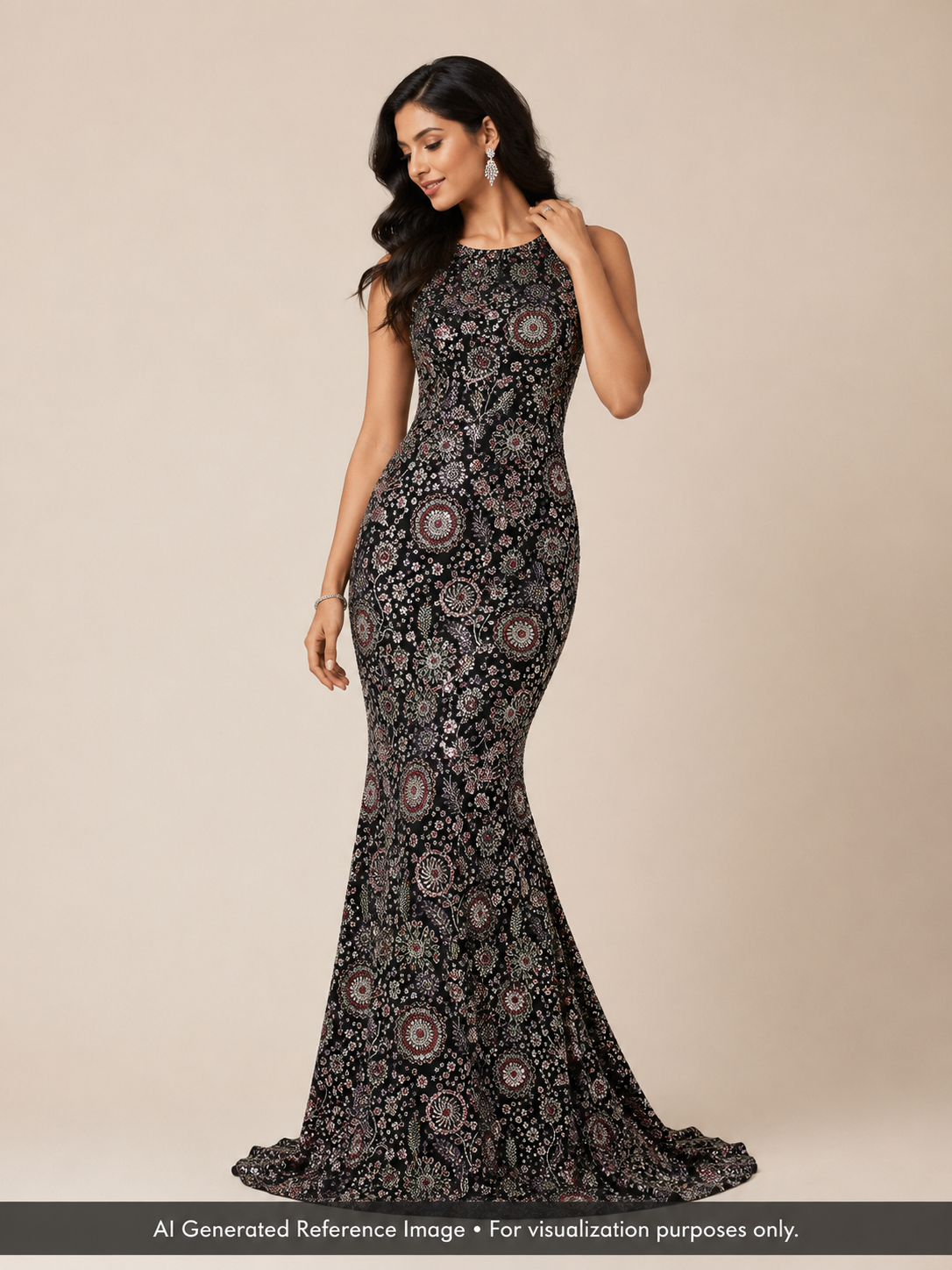 Black Multicolour Floral Sequin & Beaded Embroidered Net Fabric | 2505292