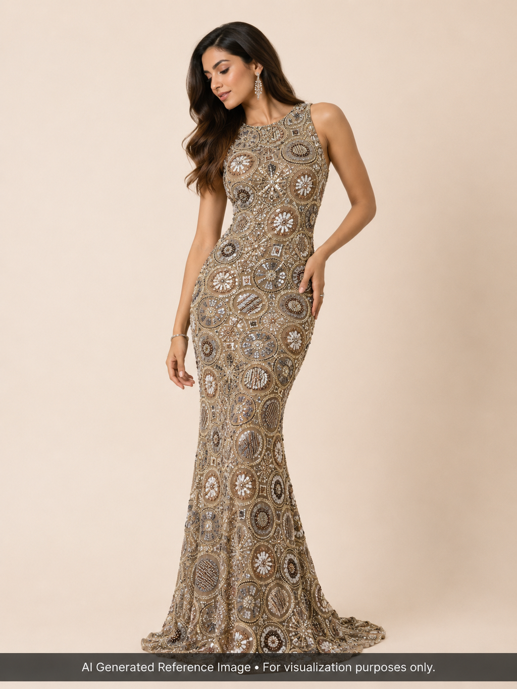 Champagne Gold Sequin Beaded Geometric Net Fabric | 2504882