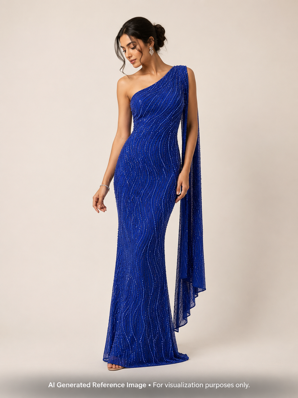 Royal Blue Pearl & Sequin Beaded Net Fabric| 2506661