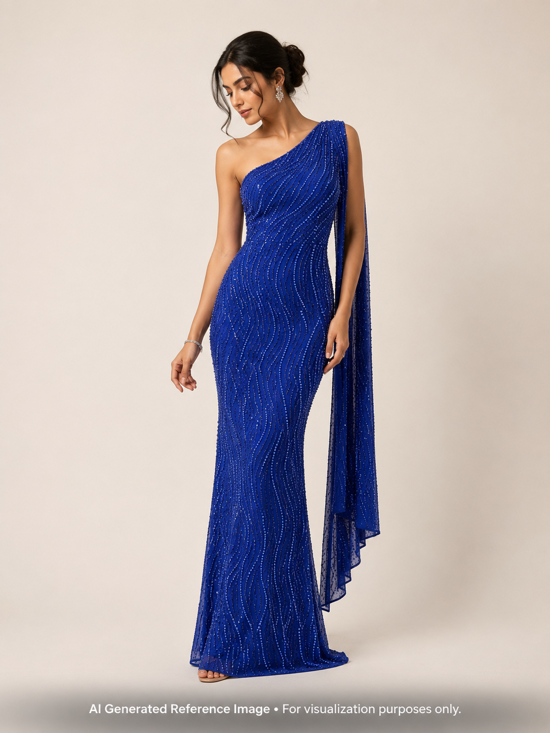 Royal Blue Pearl & Sequin Beaded Net Fabric| 2506661
