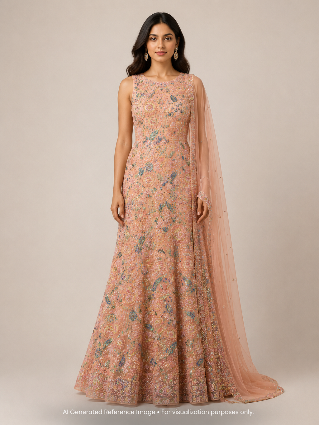 Peach Floral Multicolour Beadwork Net Fabric | 2505293