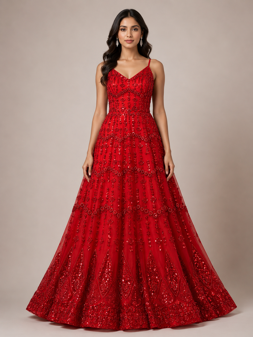 Crimson Red Sequin Chevron Beadwork Net Fabric | 2506693