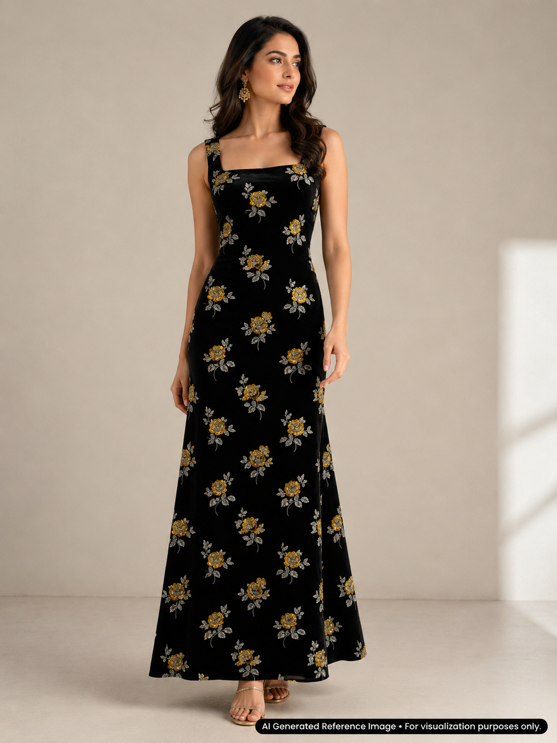 Midnight Gold Rose Beadwork Velvet Fabric | 2506705