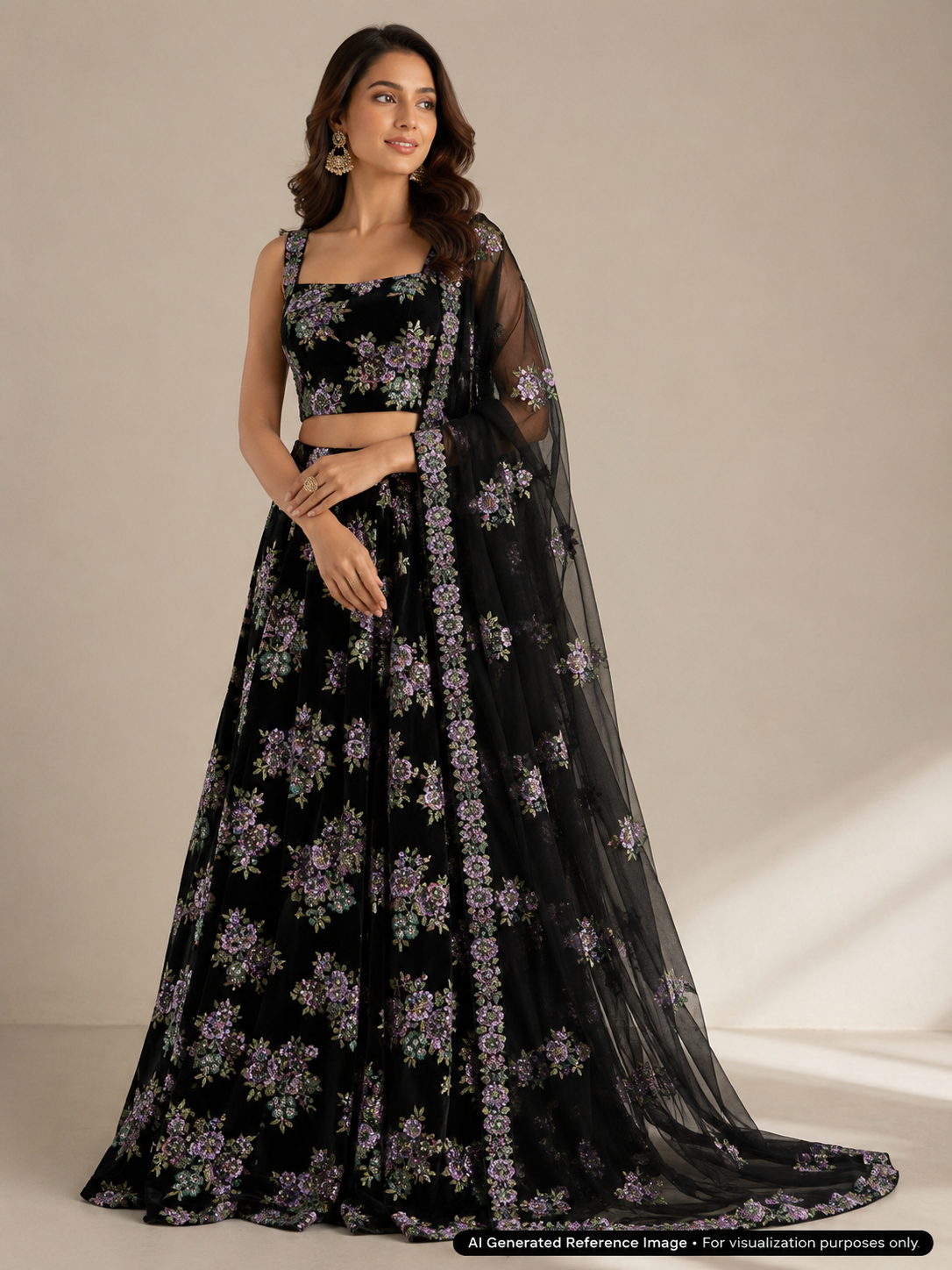 Midnight Bloom Floral Beadwork Velvet Fabric | 2506705