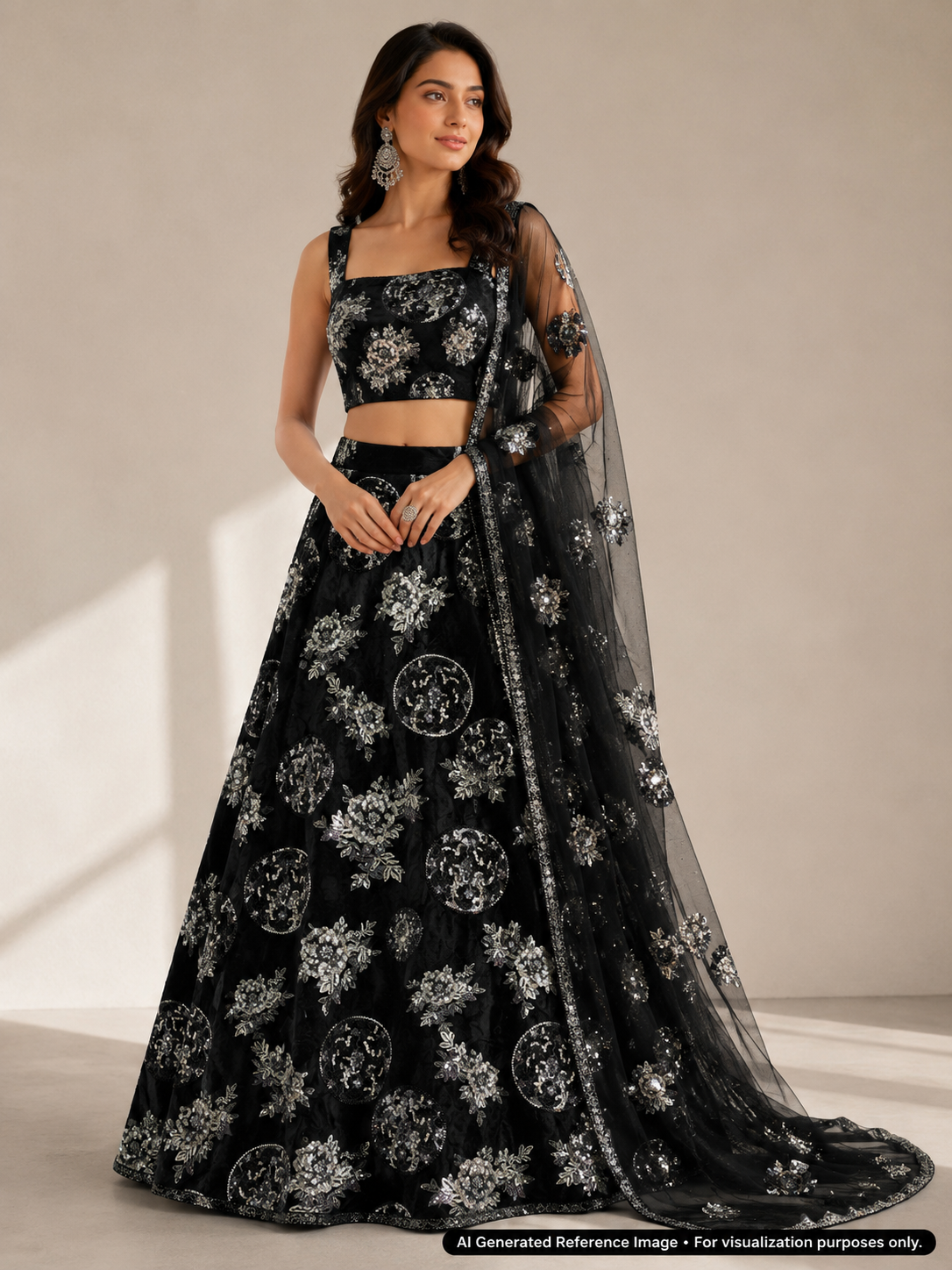 Black Silver Floral & Sequin Motif Velvet Fabric | 2506644