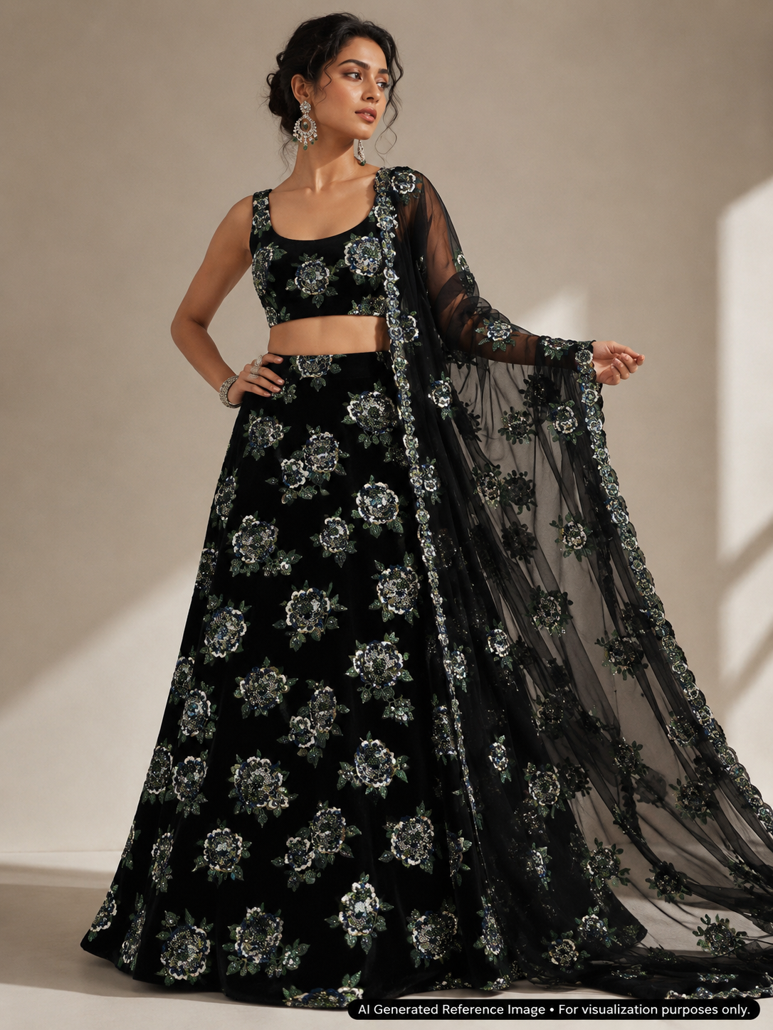Black Emerald Green Floral Beaded Velvet Fabric | 2506644