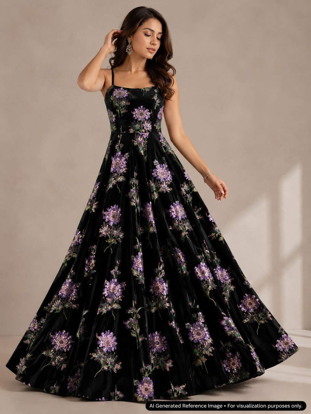 Black Lavender Floral Beaded Velvet Fabric | 2506705