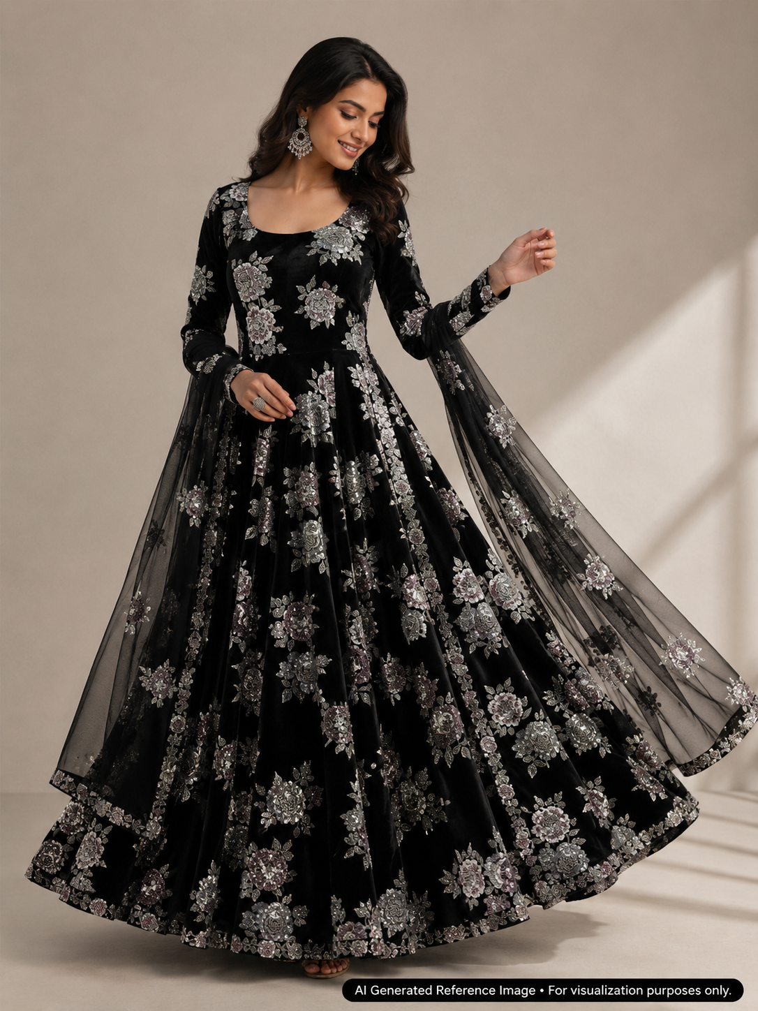 Black Silver Floral Sequin & Beaded Velvet Fabric | 2506643