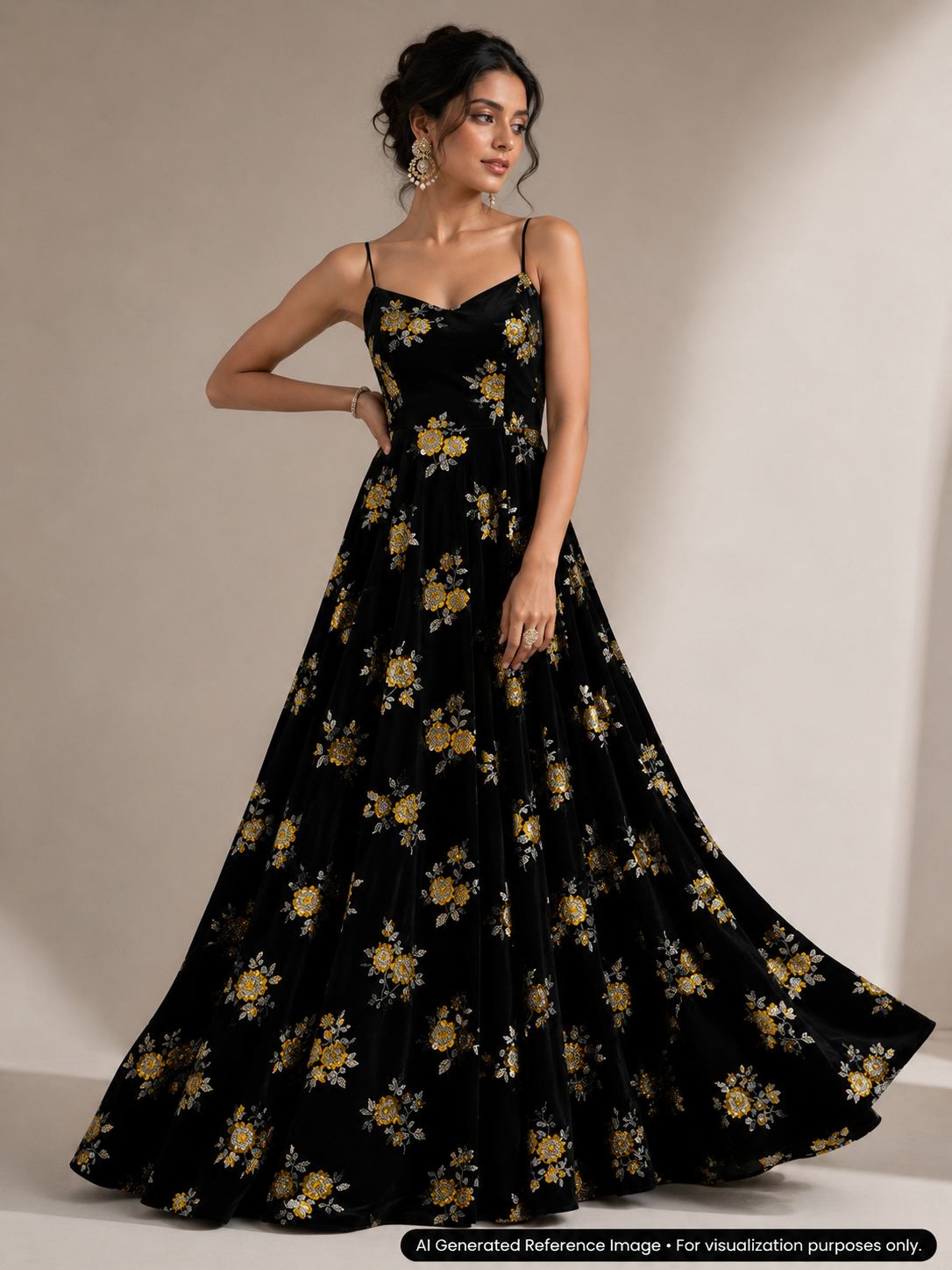 Black Golden Floral Beaded Velvet Fabric | 2506705