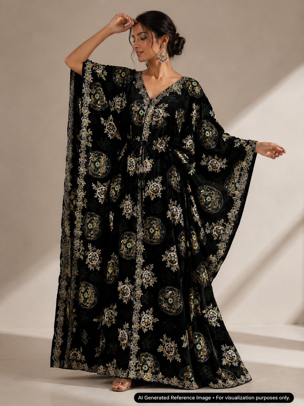 Black Floral & Paisley Embellished Velvet Fabric | 2506644