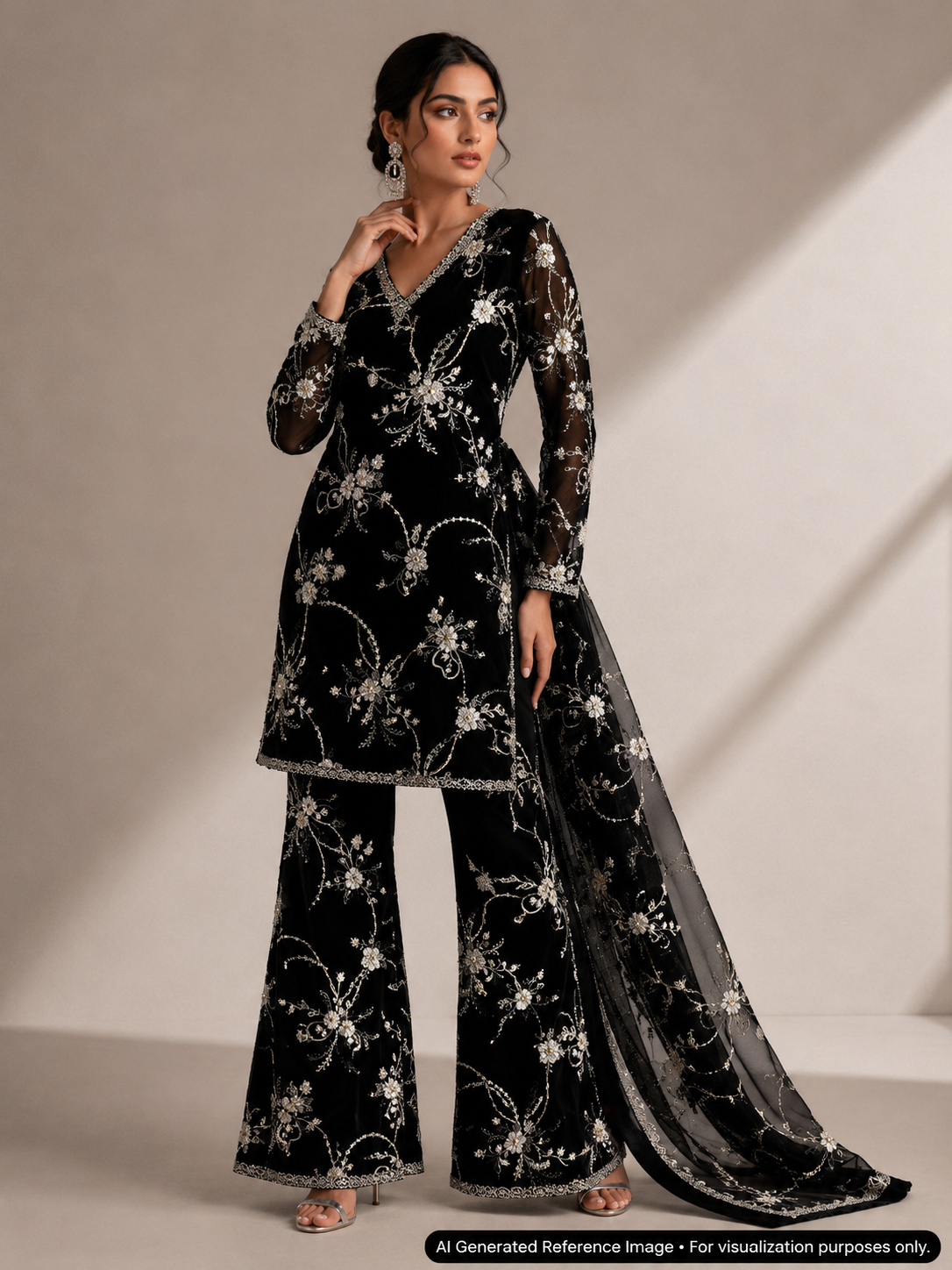 Black Floral Beaded Velvet Fabric | 2506648