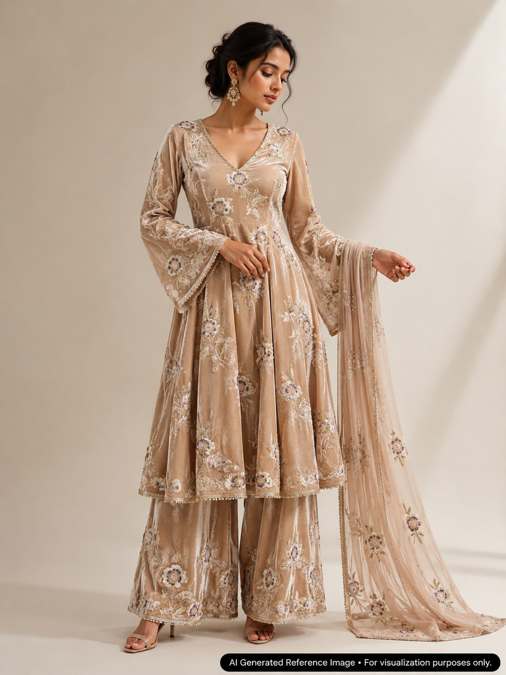 Blush Peach Floral Beaded Velvet Fabric | 2506700