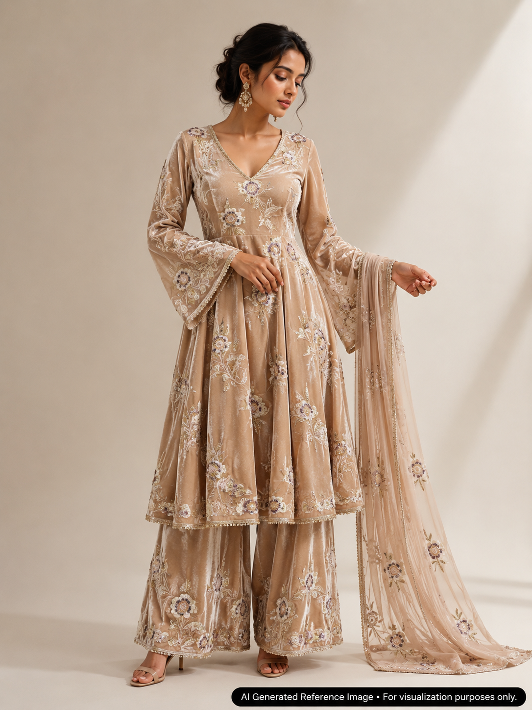 Blush Peach Floral Beaded Velvet Fabric | 2506700