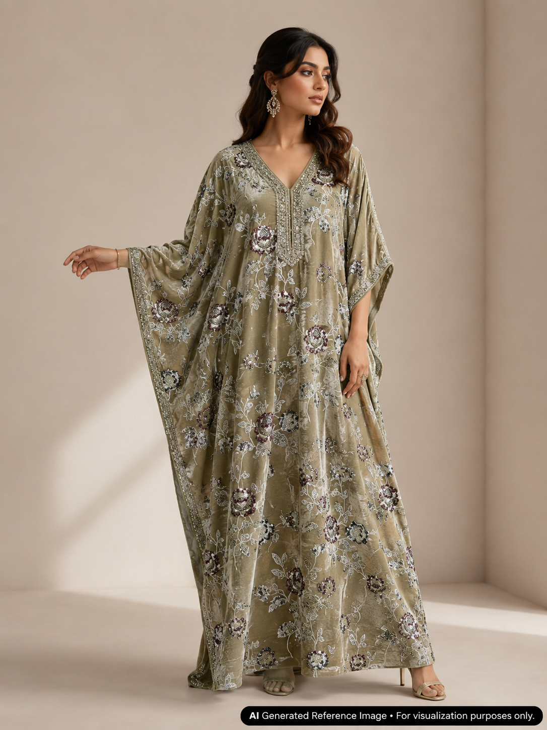 Olive Taupe Floral Beaded Velvet Fabric | 2506695