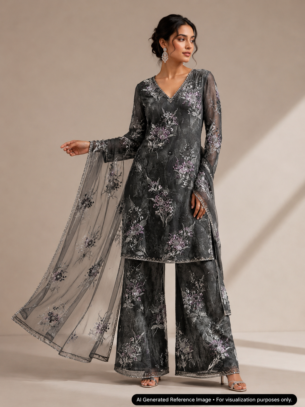 Charcoal Grey Floral Sequin & Beaded Velvet Fabric | 2506642