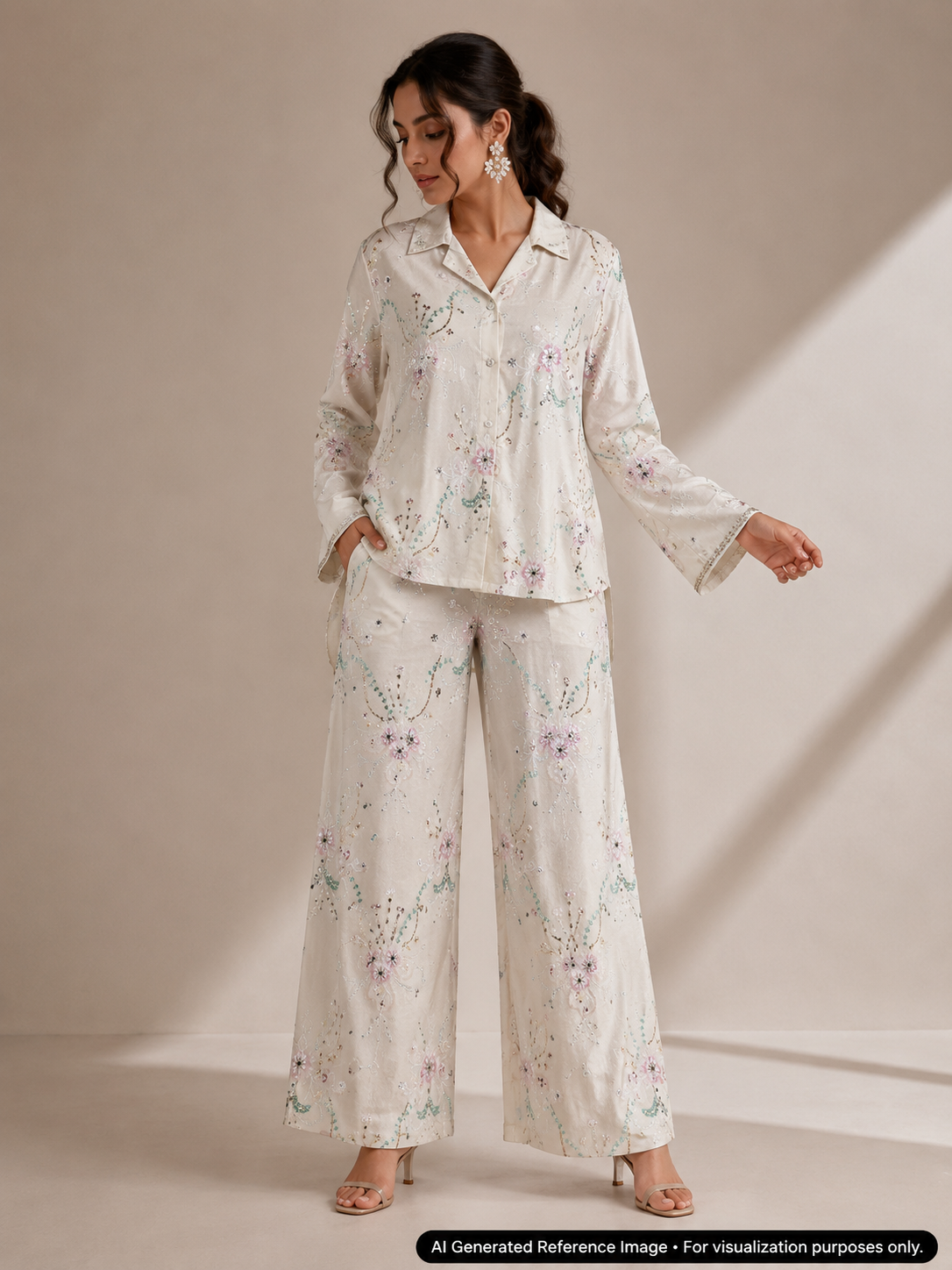 Off-White Floral Beaded Velvet Fabric | 2506648
