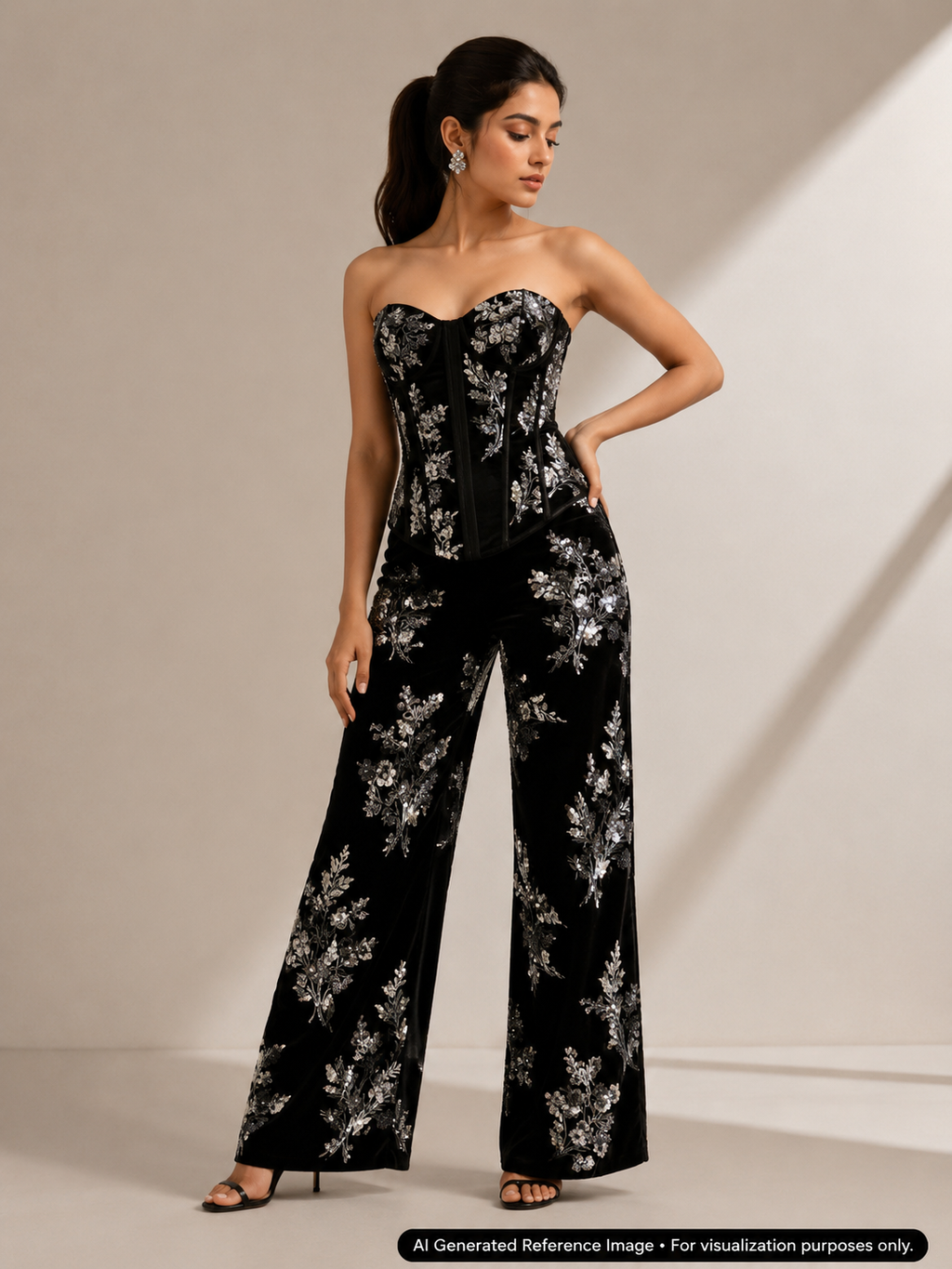 Black Floral Sequin Embellished Velvet Fabric | 2506642