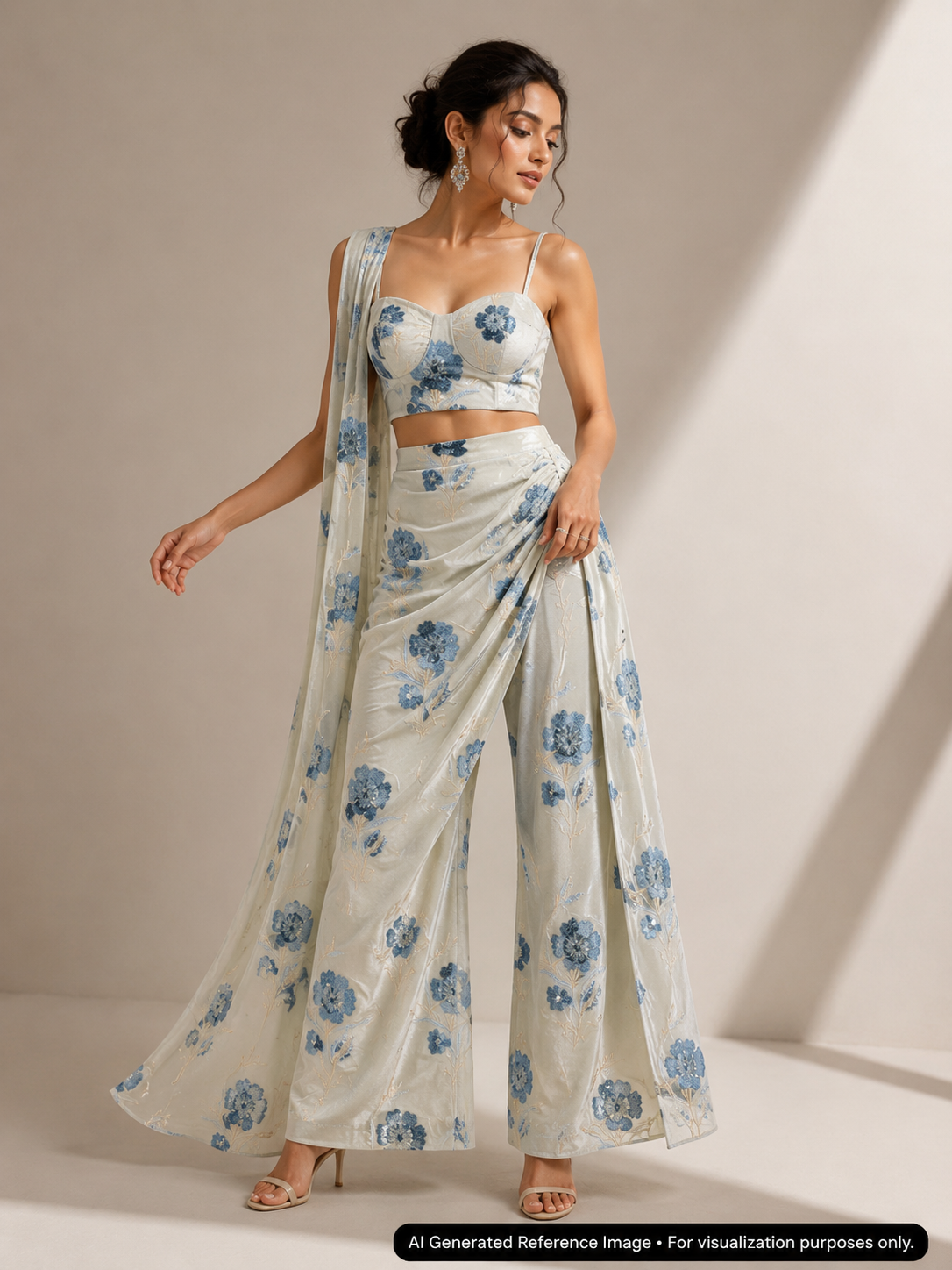 Ivory Blue Floral Sequin Velvet Fabric | 2506700