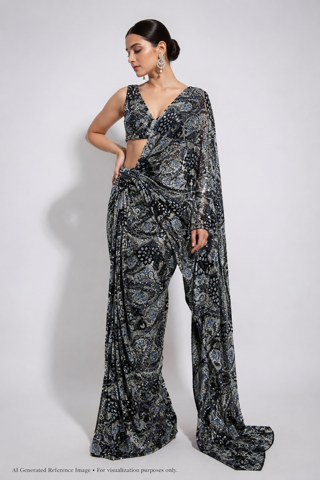 Midnight Paisley Sequin Embroidered Net Fabric | 2506652