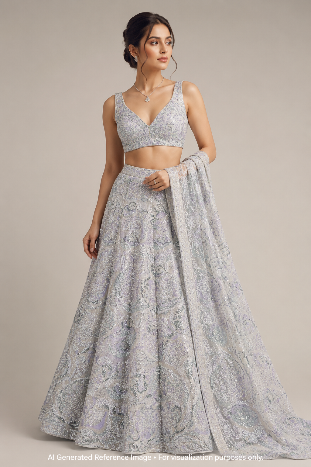 Pearl Lavender Paisley Sequin Net Fabric | 2506652