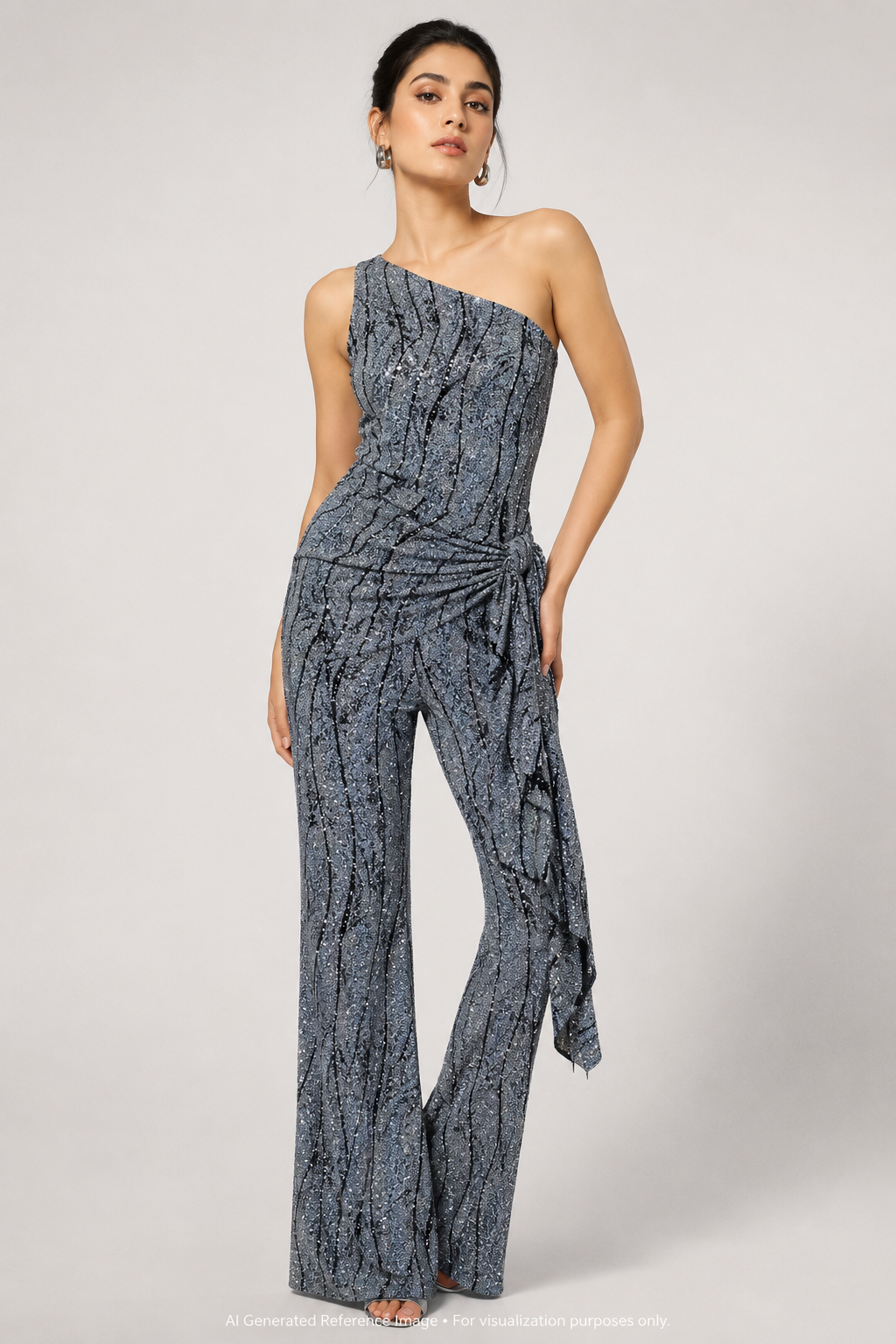 Midnight Blue Wave Sequin Net Fabric | 2506653