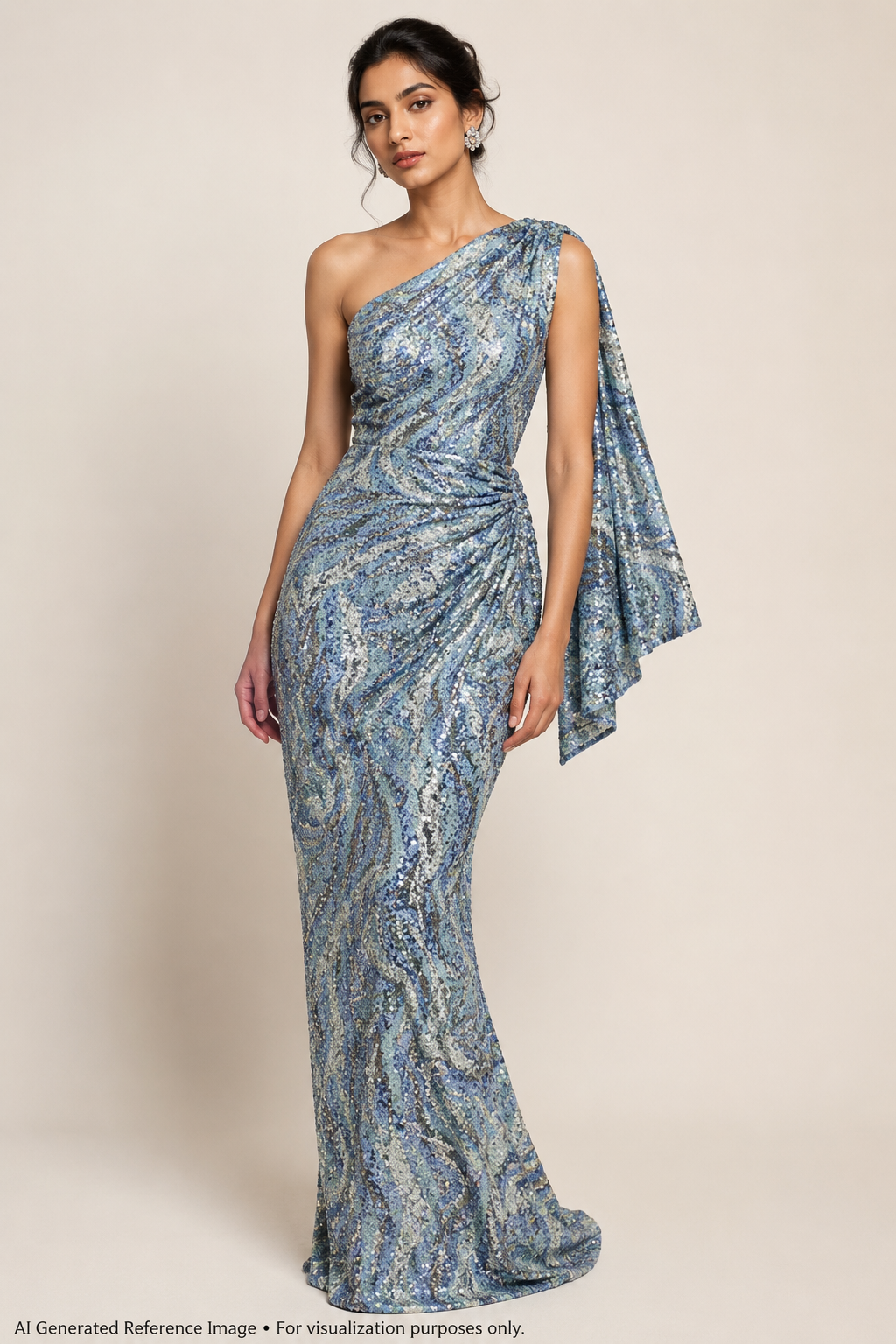 Ice Blue Feather Wave Sequin Net Fabric | 2506649