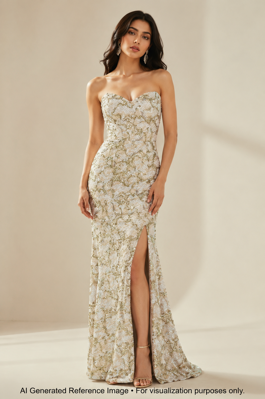 Ivory Champagne Floral Sequin Net Fabric | 2506650