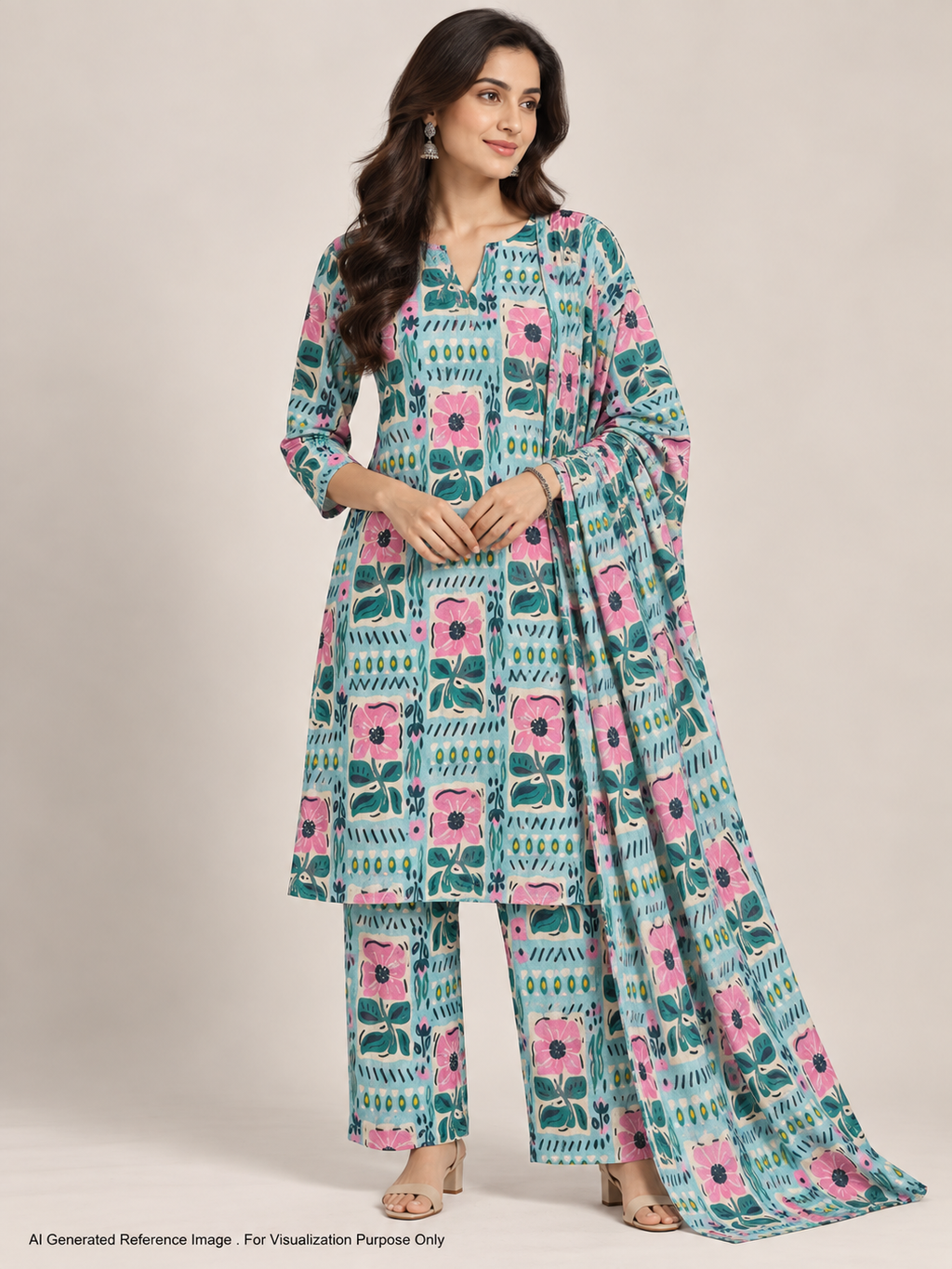 Aqua Folk Floral Pure Mul Cotton Print | 2507026