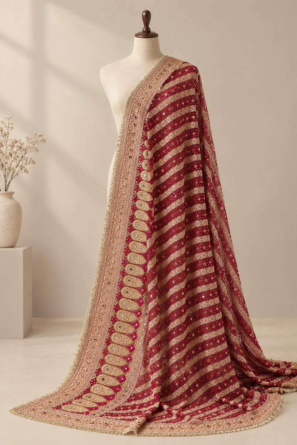 Maroon Pure Mysore Georgette Banarasi Bandhej Dupatta with Mirror Work | 2500588