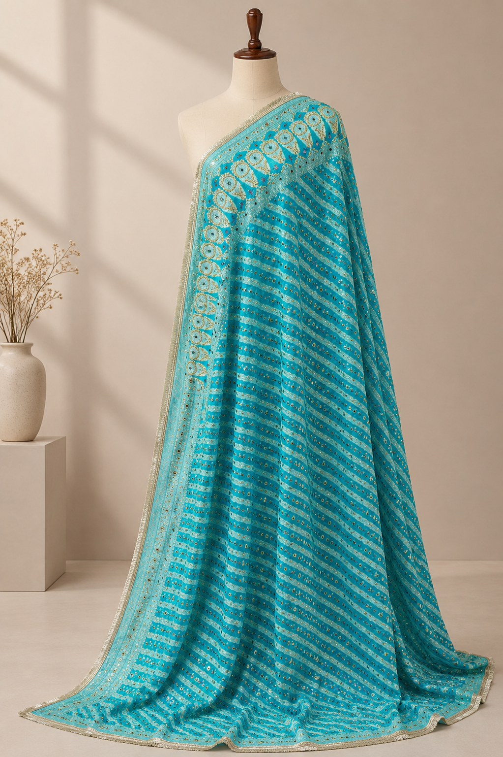 Turquoise Blue Pure Mysore Georgette Banarasi Bandhej Dupatta with Mirror Accents | 2500592