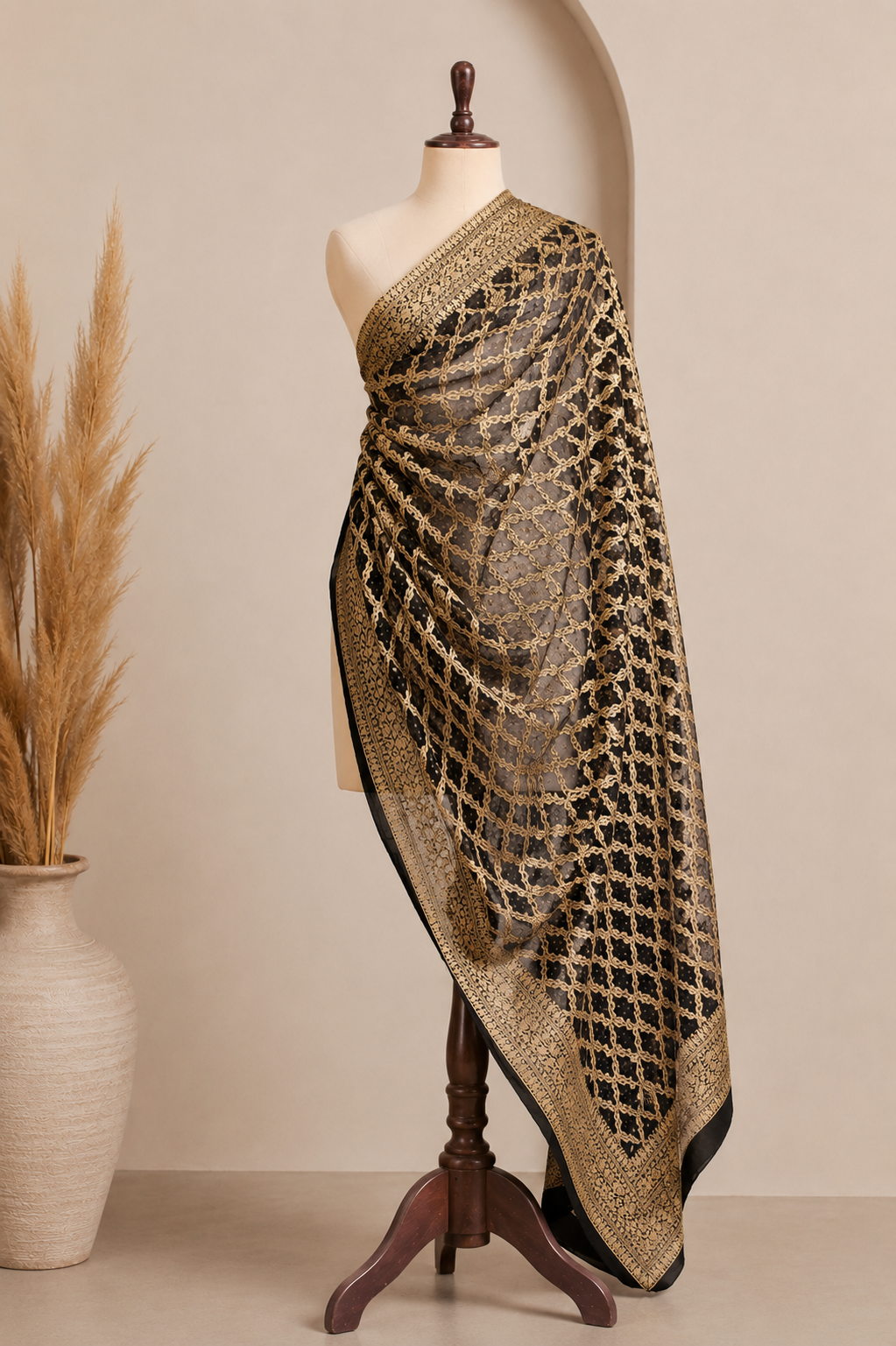 Black Pure Mysore Georgette Banarasi Bandhej Dupatta | 2500849