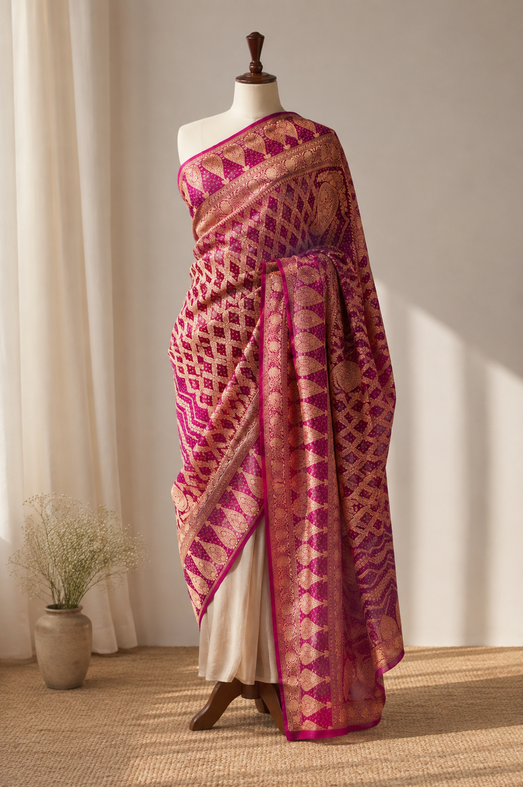 Rani Pink Pure Mysore Georgette Banarasi Bandhej Dupatta | 2506901