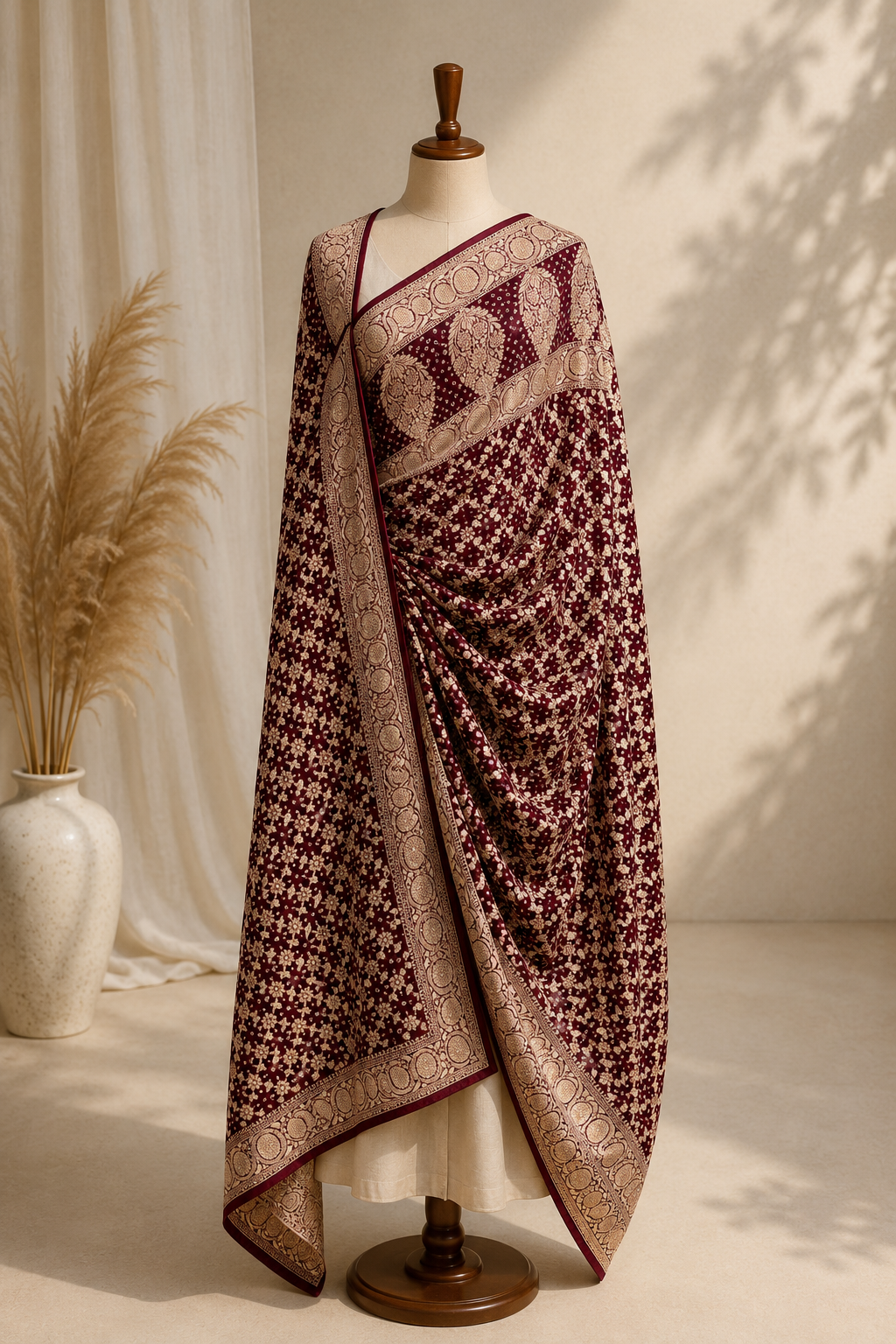 Maroon Pure Mysore Georgette Banarasi Bandhej Dupatta | 2506901