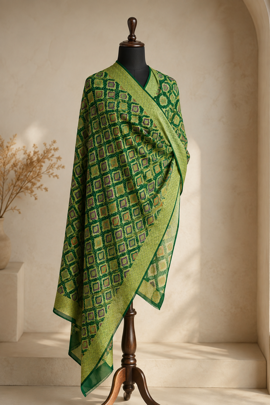 Emerald Green Pure Mysore Georgette Banarasi Bandhej Dupatta | 2500843